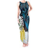 New Zealand Silver Fern Tui Bird Tank Maxi Dress Maori Kowhai Paua Shell Taniko Motifs LT14 Women Turquoise - Polynesian Pride