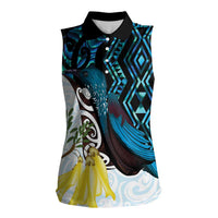 New Zealand Silver Fern Tui Bird Women Sleeveless Polo Shirt Maori Kowhai Paua Shell Taniko Motifs LT14 Female Turquoise - Polynesian Pride