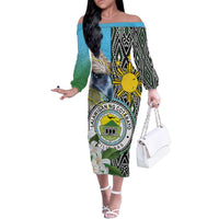 Cotabato Philippines Province Family Matching Off The Shoulder Long Sleeve Dress and Hawaiian Shirt Filipino Eagle Sampaguita Tinalak Pattern LT14 Mom's Dress Blue - Polynesian Pride