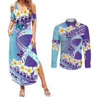 No Story Should End Too Soon Suicide Awareness Couples Matching Summer Maxi Dress and Long Sleeve Button Shirt Purple And Teal Polynesian Ribbon LT14 Purple - Polynesian Pride