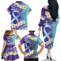 No Story Should End Too Soon Suicide Awareness Family Matching Off The Shoulder Long Sleeve Dress and Hawaiian Shirt Purple And Teal Polynesian Ribbon LT14 - Polynesian Pride
