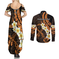 Liver Cancer Awareness Month Couples Matching Summer Maxi Dress and Long Sleeve Button Shirt Awareness Is Key Orange Polynesian Ribbon LT14 - Polynesian Pride