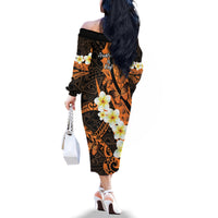 Liver Cancer Awareness Month Family Matching Off The Shoulder Long Sleeve Dress and Hawaiian Shirt Awareness Is Key Orange Polynesian Ribbon LT14 - Polynesian Pride