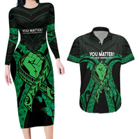 ADHD Awareness Month You Matter Couples Matching Long Sleeve Bodycon Dress and Hawaiian Shirt Green Polynesian Ribbon LT14 Green - Polynesian Pride