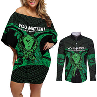 ADHD Awareness Month You Matter Couples Matching Off Shoulder Short Dress and Long Sleeve Button Shirt Green Polynesian Ribbon