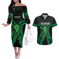 ADHD Awareness Month You Matter Couples Matching Off The Shoulder Long Sleeve Dress and Hawaiian Shirt Green Polynesian Ribbon LT14 Green - Polynesian Pride