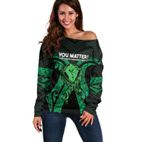 ADHD Awareness Month You Matter Off Shoulder Sweater Green Polynesian Ribbon LT14 Women Green - Polynesian Pride