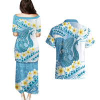 Blue Hawaii Shark Tattoo Couples Matching Puletasi and Hawaiian Shirt Frangipani With Polynesian Pastel Version