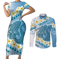 Blue Hawaii Shark Tattoo Couples Matching Short Sleeve Bodycon Dress and Long Sleeve Button Shirt Frangipani With Polynesian Pastel Version