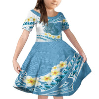 Blue Hawaii Shark Tattoo Family Matching Mermaid Dress and Hawaiian Shirt Frangipani With Polynesian Pastel Version LT14 Daughter's Dress Blue - Polynesian Pride