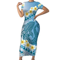 Blue Hawaii Shark Tattoo Short Sleeve Bodycon Dress Frangipani With Polynesian Pastel Version LT14 Long Dress Blue - Polynesian Pride