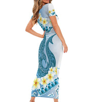 Blue Hawaii Shark Tattoo Short Sleeve Bodycon Dress Frangipani With Polynesian Pastel Version LT14 - Polynesian Pride
