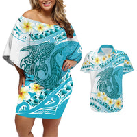 Turquoise Hawaii Shark Tattoo Couples Matching Off Shoulder Short Dress and Hawaiian Shirt Frangipani With Polynesian Pastel Version
