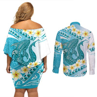Turquoise Hawaii Shark Tattoo Couples Matching Off Shoulder Short Dress and Long Sleeve Button Shirt Frangipani With Polynesian Pastel Version