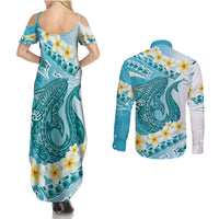 Turquoise Hawaii Shark Tattoo Couples Matching Summer Maxi Dress and Long Sleeve Button Shirt Frangipani With Polynesian Pastel Version