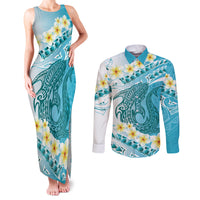 Turquoise Hawaii Shark Tattoo Couples Matching Tank Maxi Dress and Long Sleeve Button Shirt Frangipani With Polynesian Pastel Version