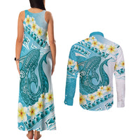 Turquoise Hawaii Shark Tattoo Couples Matching Tank Maxi Dress and Long Sleeve Button Shirt Frangipani With Polynesian Pastel Version