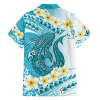 Turquoise Hawaii Shark Tattoo Family Matching Long Sleeve Bodycon Dress and Hawaiian Shirt Frangipani With Polynesian Pastel Version