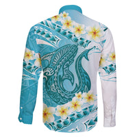 Turquoise Hawaii Shark Tattoo Family Matching Long Sleeve Bodycon Dress and Hawaiian Shirt Frangipani With Polynesian Pastel Version