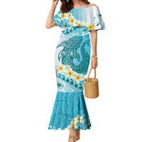 Turquoise Hawaii Shark Tattoo Family Matching Mermaid Dress and Hawaiian Shirt Frangipani With Polynesian Pastel Version LT14 Mom's Dress Turquoise - Polynesian Pride