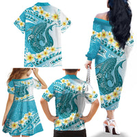 Turquoise Hawaii Shark Tattoo Family Matching Off The Shoulder Long Sleeve Dress and Hawaiian Shirt Frangipani With Polynesian Pastel Version LT14 - Polynesian Pride