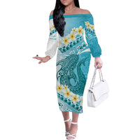 Turquoise Hawaii Shark Tattoo Family Matching Off The Shoulder Long Sleeve Dress and Hawaiian Shirt Frangipani With Polynesian Pastel Version LT14 Mom's Dress Turquoise - Polynesian Pride