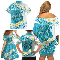 Turquoise Hawaii Shark Tattoo Family Matching Off Shoulder Short Dress and Hawaiian Shirt Frangipani With Polynesian Pastel Version LT14 - Polynesian Pride