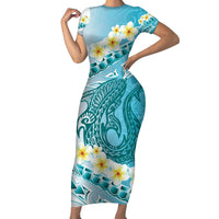 Turquoise Hawaii Shark Tattoo Family Matching Short Sleeve Bodycon Dress and Hawaiian Shirt Frangipani With Polynesian Pastel Version LT14 Mom's Dress Turquoise - Polynesian Pride