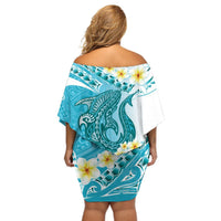 Turquoise Hawaii Shark Tattoo Off Shoulder Short Dress Frangipani With Polynesian Pastel Version LT14 - Polynesian Pride