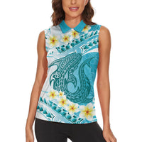 Turquoise Hawaii Shark Tattoo Women Sleeveless Polo Shirt Frangipani With Polynesian Pastel Version