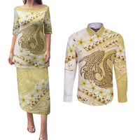 Gold Hawaii Shark Tattoo Couples Matching Puletasi and Long Sleeve Button Shirt Frangipani With Polynesian Pastel Version