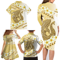 Gold Hawaii Shark Tattoo Family Matching Long Sleeve Bodycon Dress and Hawaiian Shirt Frangipani With Polynesian Pastel Version LT14 - Polynesian Pride