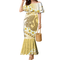 Gold Hawaii Shark Tattoo Family Matching Mermaid Dress and Hawaiian Shirt Frangipani With Polynesian Pastel Version LT14 Mom's Dress Gold - Polynesian Pride