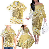 Gold Hawaii Shark Tattoo Family Matching Off The Shoulder Long Sleeve Dress and Hawaiian Shirt Frangipani With Polynesian Pastel Version LT14 - Polynesian Pride