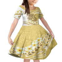 Gold Hawaii Shark Tattoo Family Matching Short Sleeve Bodycon Dress and Hawaiian Shirt Frangipani With Polynesian Pastel Version LT14 Daughter's Dress Gold - Polynesian Pride