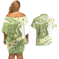 Green Hawaii Shark Tattoo Couples Matching Off Shoulder Short Dress and Hawaiian Shirt Frangipani With Polynesian Pastel Version