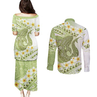 Green Hawaii Shark Tattoo Couples Matching Puletasi and Long Sleeve Button Shirt Frangipani With Polynesian Pastel Version