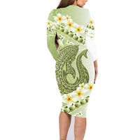 Green Hawaii Shark Tattoo Family Matching Long Sleeve Bodycon Dress and Hawaiian Shirt Frangipani With Polynesian Pastel Version LT14 - Polynesian Pride