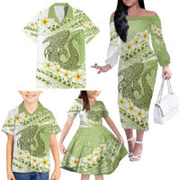Green Hawaii Shark Tattoo Family Matching Off The Shoulder Long Sleeve Dress and Hawaiian Shirt Frangipani With Polynesian Pastel Version LT14 - Polynesian Pride