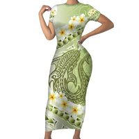 Green Hawaii Shark Tattoo Family Matching Short Sleeve Bodycon Dress and Hawaiian Shirt Frangipani With Polynesian Pastel Version LT14 Mom's Dress Green - Polynesian Pride