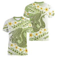 Green Hawaii Shark Tattoo Women V-Neck T-Shirt Frangipani With Polynesian Pastel Version