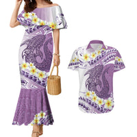 Purple Hawaii Shark Tattoo Couples Matching Mermaid Dress and Hawaiian Shirt Frangipani With Polynesian Pastel Version LT14 Purple - Polynesian Pride