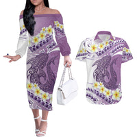 Purple Hawaii Shark Tattoo Couples Matching Off The Shoulder Long Sleeve Dress and Hawaiian Shirt Frangipani With Polynesian Pastel Version LT14 Purple - Polynesian Pride