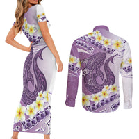 Purple Hawaii Shark Tattoo Couples Matching Short Sleeve Bodycon Dress and Long Sleeve Button Shirt Frangipani With Polynesian Pastel Version
