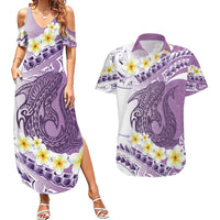 Purple Hawaii Shark Tattoo Couples Matching Summer Maxi Dress and Hawaiian Shirt Frangipani With Polynesian Pastel Version