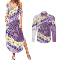 Purple Hawaii Shark Tattoo Couples Matching Summer Maxi Dress and Long Sleeve Button Shirt Frangipani With Polynesian Pastel Version