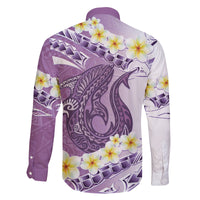 Purple Hawaii Shark Tattoo Family Matching Long Sleeve Bodycon Dress and Hawaiian Shirt Frangipani With Polynesian Pastel Version