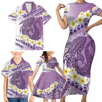 Purple Hawaii Shark Tattoo Family Matching Short Sleeve Bodycon Dress and Hawaiian Shirt Frangipani With Polynesian Pastel Version LT14 - Polynesian Pride