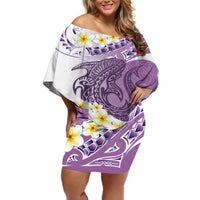 Purple Hawaii Shark Tattoo Off Shoulder Short Dress Frangipani With Polynesian Pastel Version LT14 Women Purple - Polynesian Pride