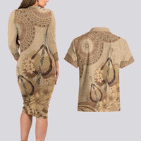 Brown Bula Fiji Couples Matching Long Sleeve Bodycon Dress and Hawaiian Shirt Fijian Dance Fan Tapa Cloth Pattern LT14 - Polynesian Pride